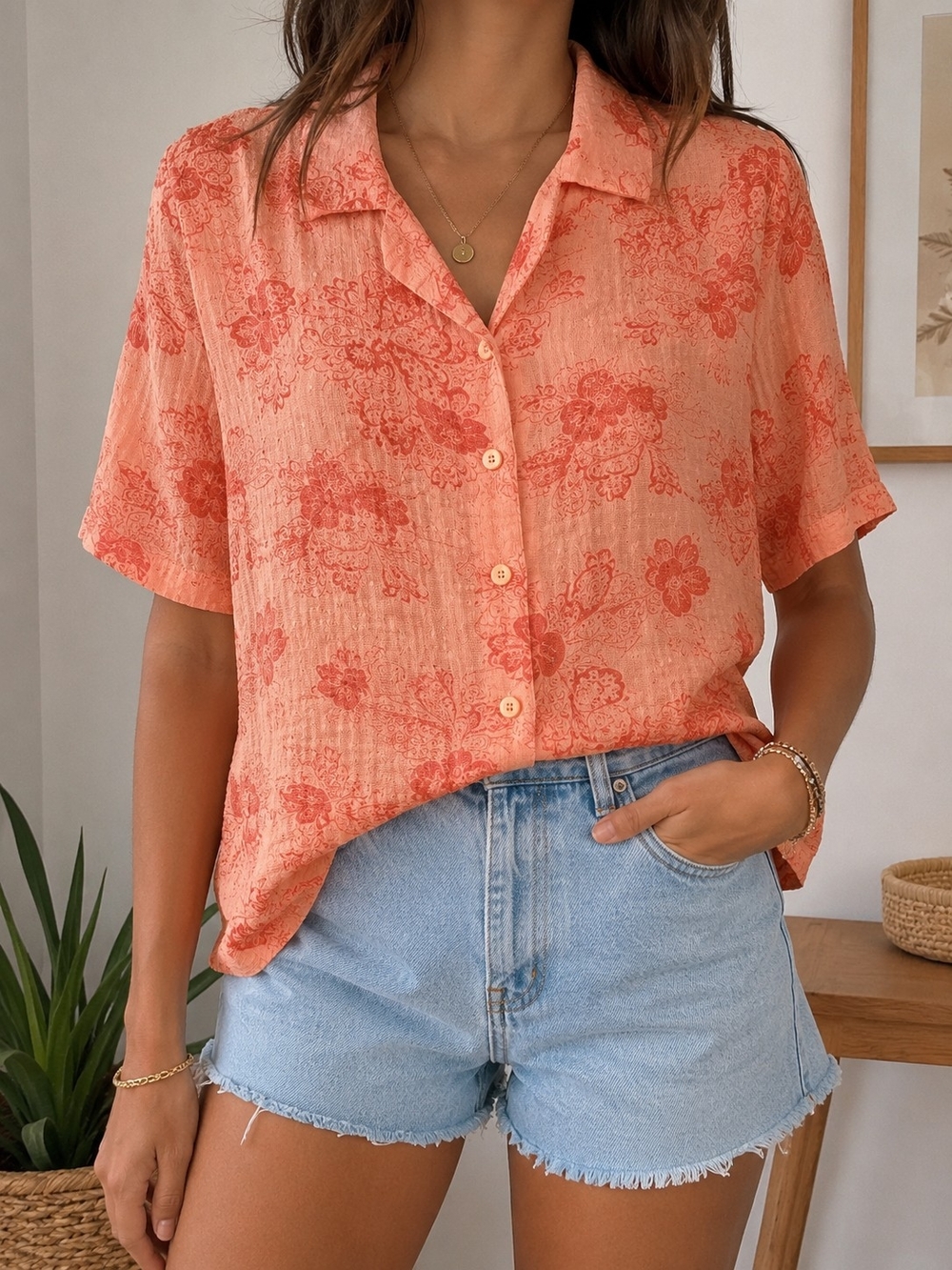 ANA Coral Floral Rayon Cotton Button Up Blouse XL
